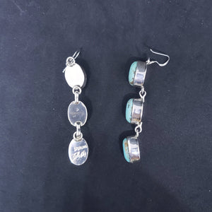 Navajo Royston turquoise oval 3 stones long sterling silver dangle earrings