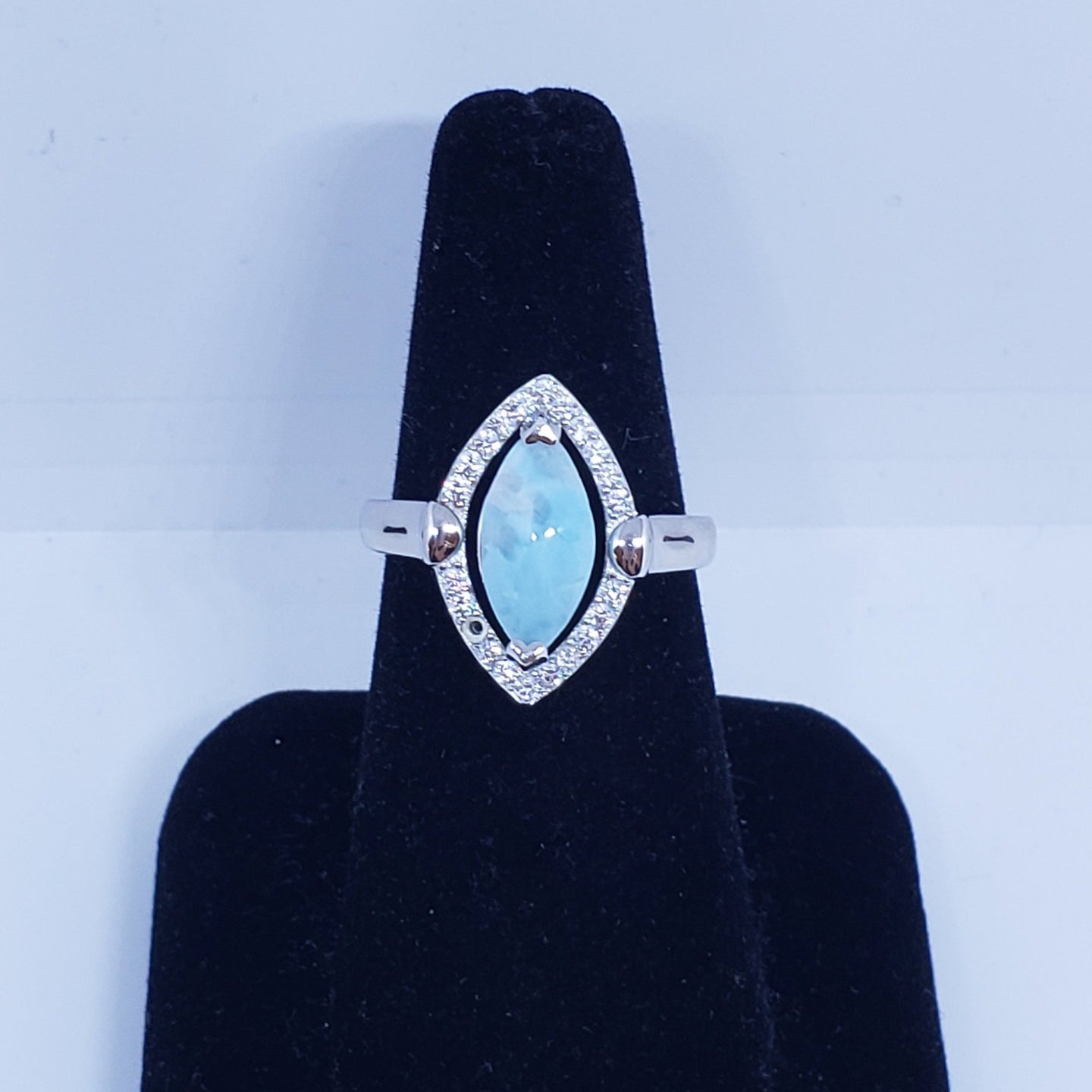 Size 8 3/4 marquise 6x12mm natural blue Larimar with CZ sterling silver ring