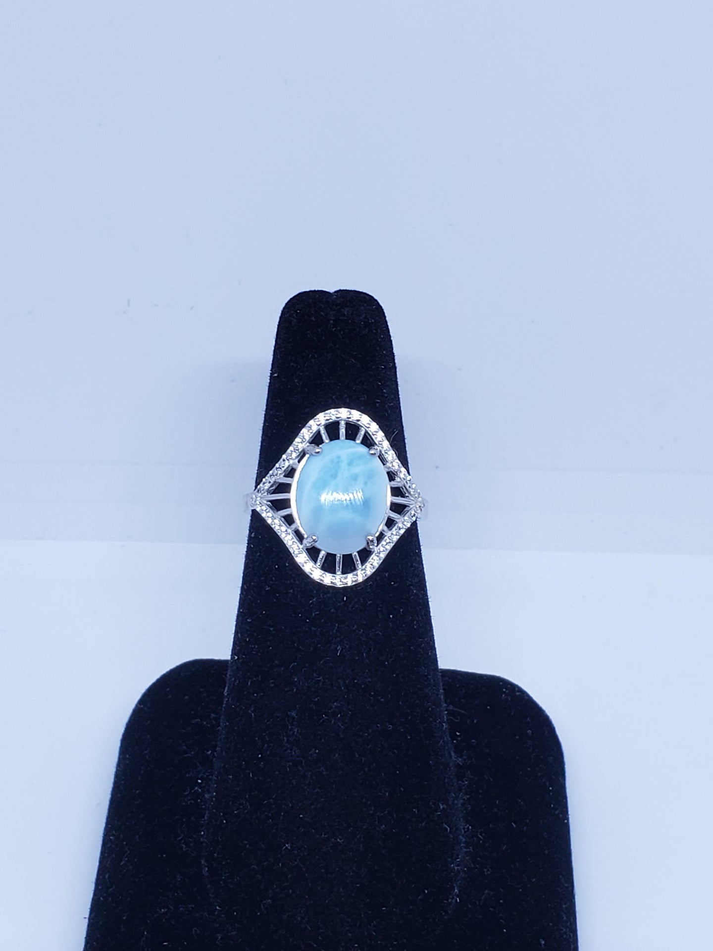 Size 7 natural blue Larimar with CZ sterling silver ring