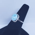 Size 9 round 12mm natural blue Larimar with square CZ sterling silver ring
