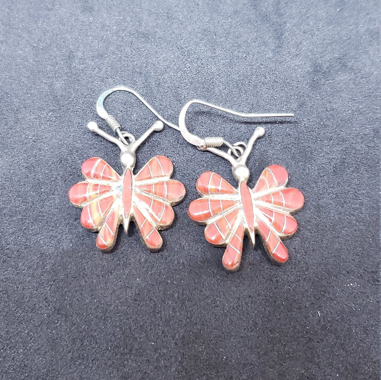 vintage Zuni butterfly red coral inlay drop earring