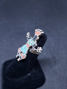 Vintage Zuni Kachina inlay turquoise chip coral chip black onyx sterling silver ring size 6