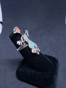 Vintage Zuni Kachina inlay turquoise chip coral chip black onyx sterling silver ring size 6