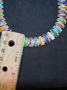 14 inches vintage link chain sterling silver necklace- inlay multicolors multi stones- signed Sanel
