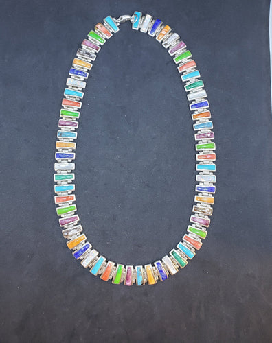 14 inches vintage link chain sterling silver necklace- inlay multicolors multi stones- signed Sanel