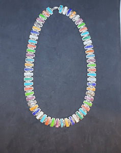 14 inches vintage link chain sterling silver necklace- inlay multicolors multi stones- signed Sanel