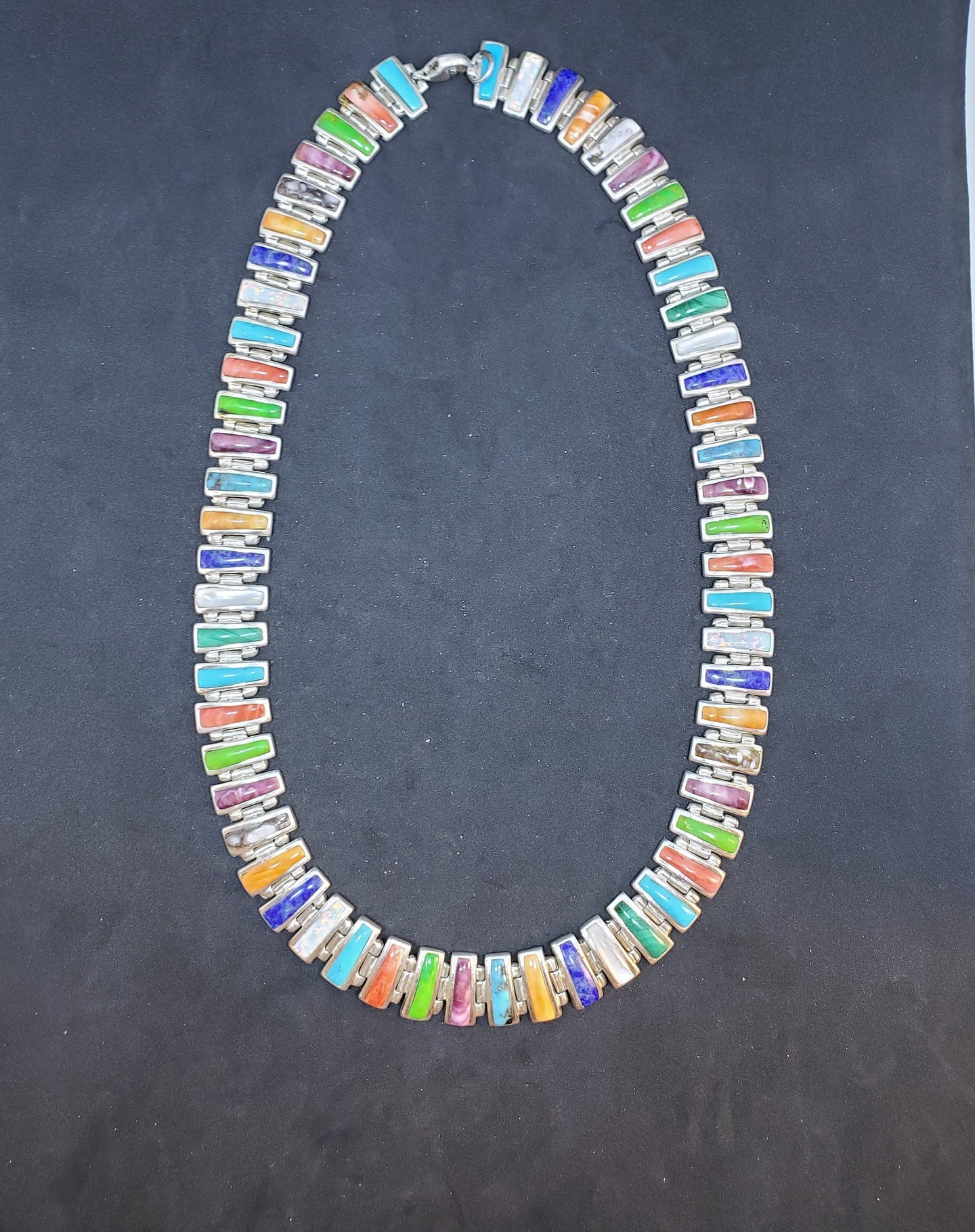 14 inches vintage link chain sterling silver necklace- inlay multicolors multi stones- signed Sanel