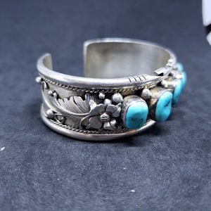 Vintage Navajo flower leaf sleeping beauty turquoise sterling silver cuff bracelet- signed JBOB