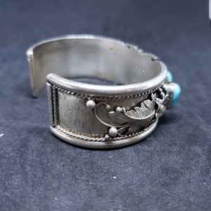 Vintage Navajo flower leaf sleeping beauty turquoise sterling silver cuff bracelet- signed JBOB