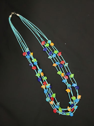 28 inches 5 strands Santo Domingo bear fetishes turquoise coral lapis spiny oyster sterling silver beaded necklace