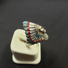 Chief head ring - inlay turquoise red coral pearl shell - sterling silver ring - size 9