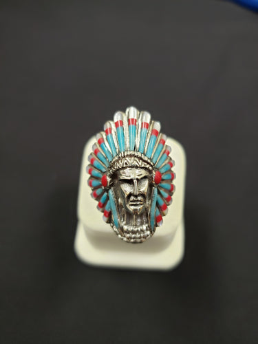 Chief head ring - inlay turquoise red coral pearl shell - sterling silver ring - size 10 1/2