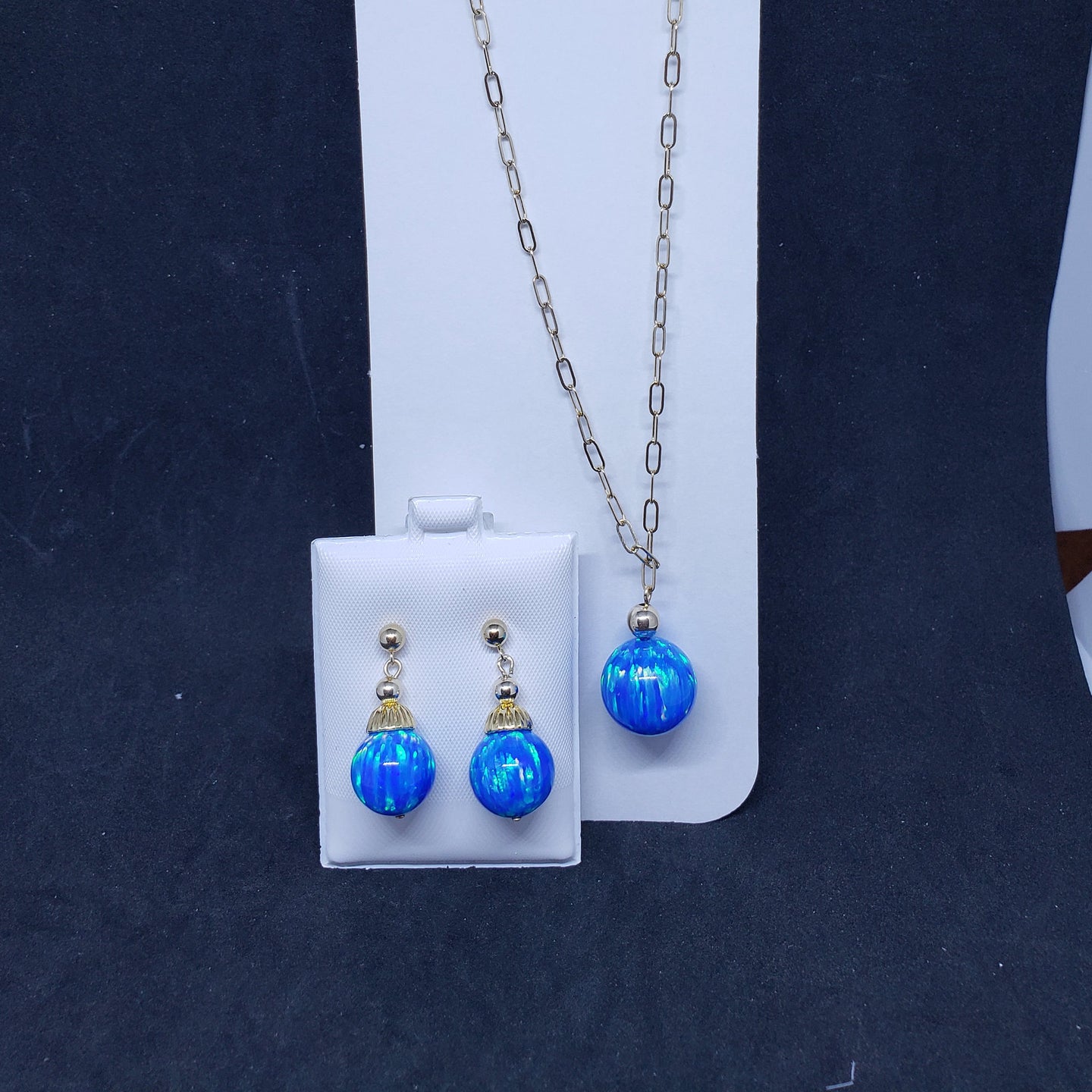 Blue fire opal 14k gold necklace and post earrings- gold jewelry set