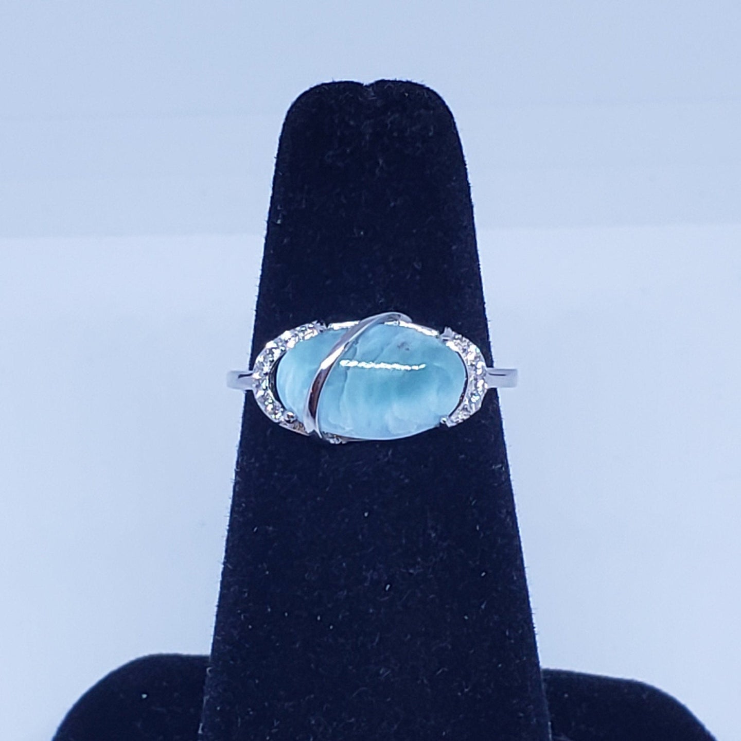 Size 6 1/4 oval 6x11mm natural blue Larimar with CZ sterling silver ring