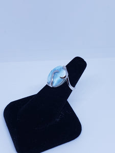 Size 7 big oval 14x18mm natural blue Larimar with swirl design sterling silver ring