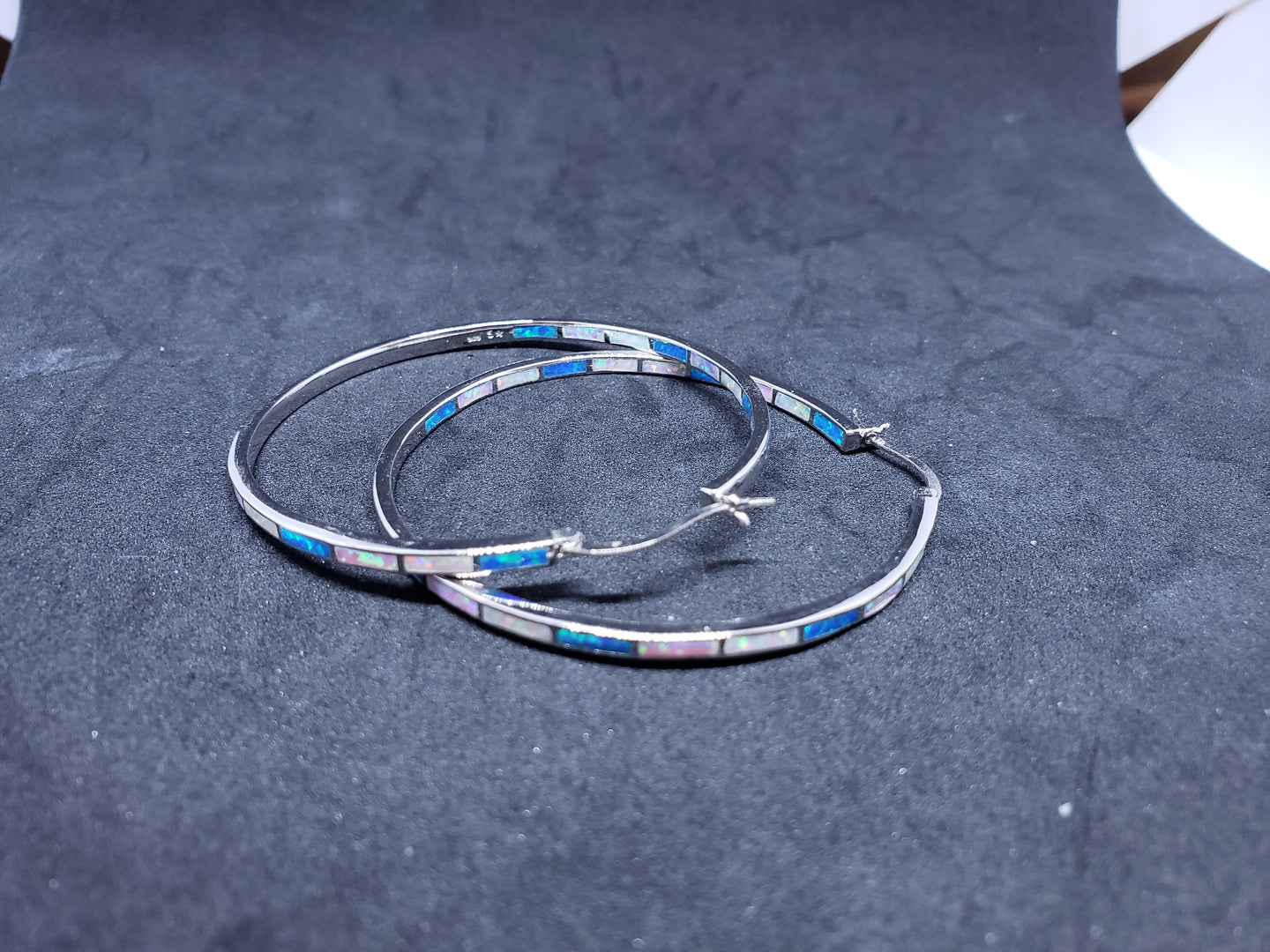 2 inches round Inlay white fire opal blue fire opal pink opal sterling silver hoop earrings