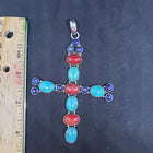 Vintage cross sterling silver pendant- turquoise, red spiny oyster,  lapis