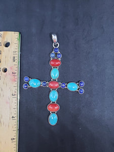 Vintage cross sterling silver pendant- turquoise, red spiny oyster,  lapis