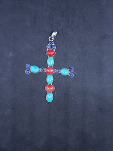 Vintage cross sterling silver pendant- turquoise, red spiny oyster,  lapis