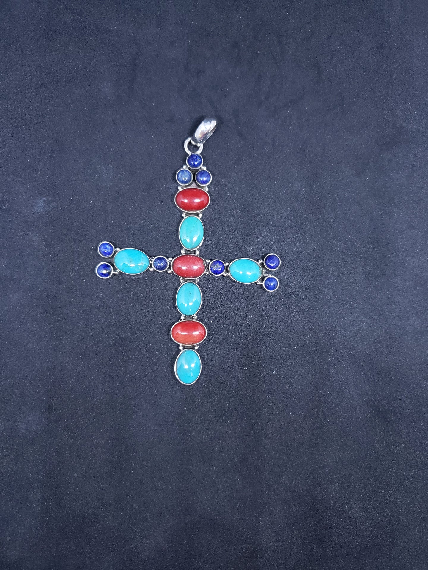 Vintage cross sterling silver pendant- turquoise, red spiny oyster,  lapis