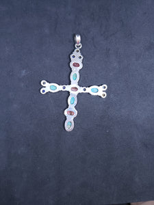 Vintage cross sterling silver pendant- turquoise, red spiny oyster,  lapis