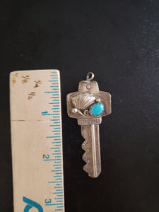 Vintage Navajo key shape with shell design and sleeping beauty turquoise sterling silver pendant