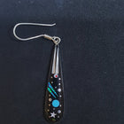 New Southwest Galaxy Scene with Cosmic, Moon, and stars Black Onyx Turquoise Blue Fire Opal Mother of Pearl sterling silver dangle earrings