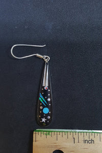 New Southwest Galaxy Scene with Cosmic, Moon, and stars Black Onyx Turquoise Blue Fire Opal Mother of Pearl sterling silver dangle earrings