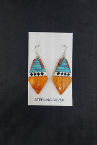 New Southwest Heaven stairs  Inlay Kingman Turquoise Black Onyx White Turquoise Spiny Oyster kite shell sterling silver dangle earrings