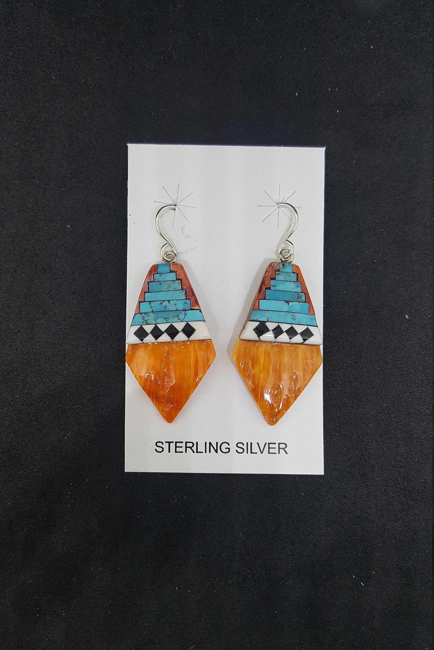 New Southwest Heaven stairs  Inlay Kingman Turquoise Black Onyx White Turquoise Spiny Oyster kite shell sterling silver dangle earrings