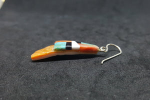 New Southwest Inlay Kingman Turquoise Black Onyx White Turquoise Spiny Oyster triangle shell sterling silver dangle earrings