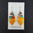 New Southwest Inlay Kingman Turquoise Black Onyx White Turquoise Spiny Oyster kite shell sterling silver dangle earrings