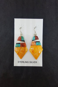 New Southwest Inlay Kingman Turquoise Black Onyx White Turquoise Spiny Oyster kite shell sterling silver dangle earrings
