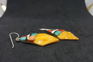 New Southwest Inlay Kingman Turquoise Black Onyx White Turquoise Spiny Oyster kite shell sterling silver dangle earrings