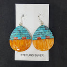 New Southwest Bricks inlay Kingman Turquoise Spiny Oyster ellipse shell sterling silver dangle earrings