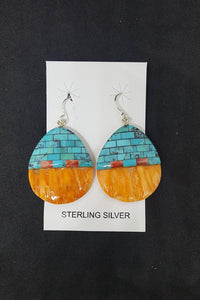 New Southwest Bricks inlay Kingman Turquoise Spiny Oyster ellipse shell sterling silver dangle earrings