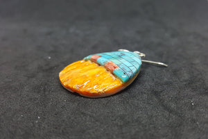 New Southwest Bricks inlay Kingman Turquoise Spiny Oyster ellipse shell sterling silver dangle earrings