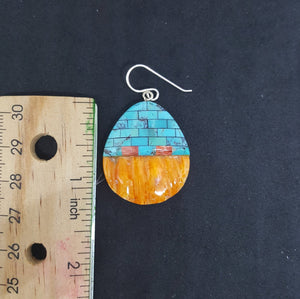 New Southwest Bricks inlay Kingman Turquoise Spiny Oyster ellipse shell sterling silver dangle earrings