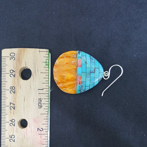 New Southwest Bricks inlay Kingman Turquoise Spiny Oyster ellipse shell sterling silver dangle earrings