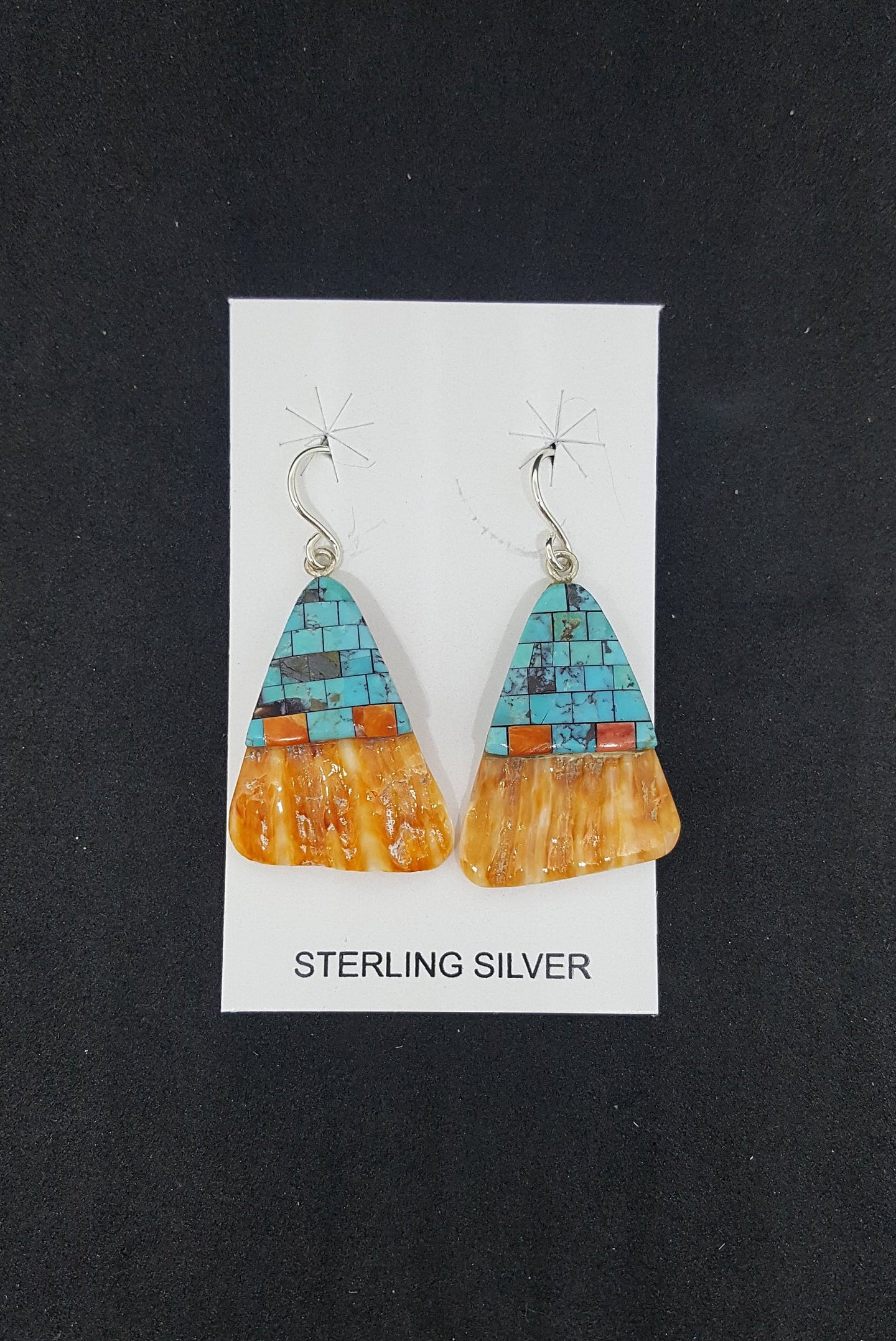 New Southwest Inlay Bricks Kingman Turquoise Black Onyx Spiny Oyster triangle shell sterling silver dangle earrings