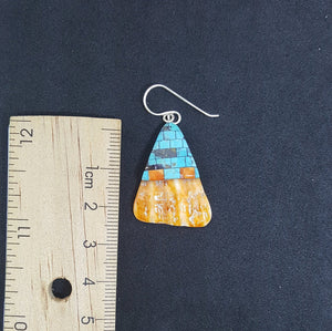 New Southwest Inlay Bricks Kingman Turquoise Black Onyx Spiny Oyster triangle shell sterling silver dangle earrings