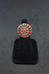 Vintage Navajo cluster petit point Coral sterling silver women ring size 8 1/4