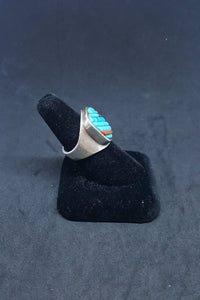 Vintage Navajo Turquoise Coral sterling silver men ring size 10