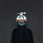 Vintage Navajo Zuni-bird Mother of Pearl Turquoise Coral Black Onyx sterling silver ring size 5 1/2