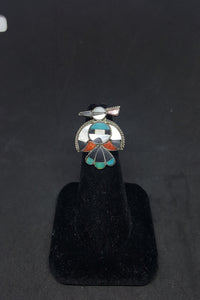 Vintage Navajo Zuni-bird Mother of Pearl Turquoise Coral Black Onyx sterling silver ring size 5 1/2