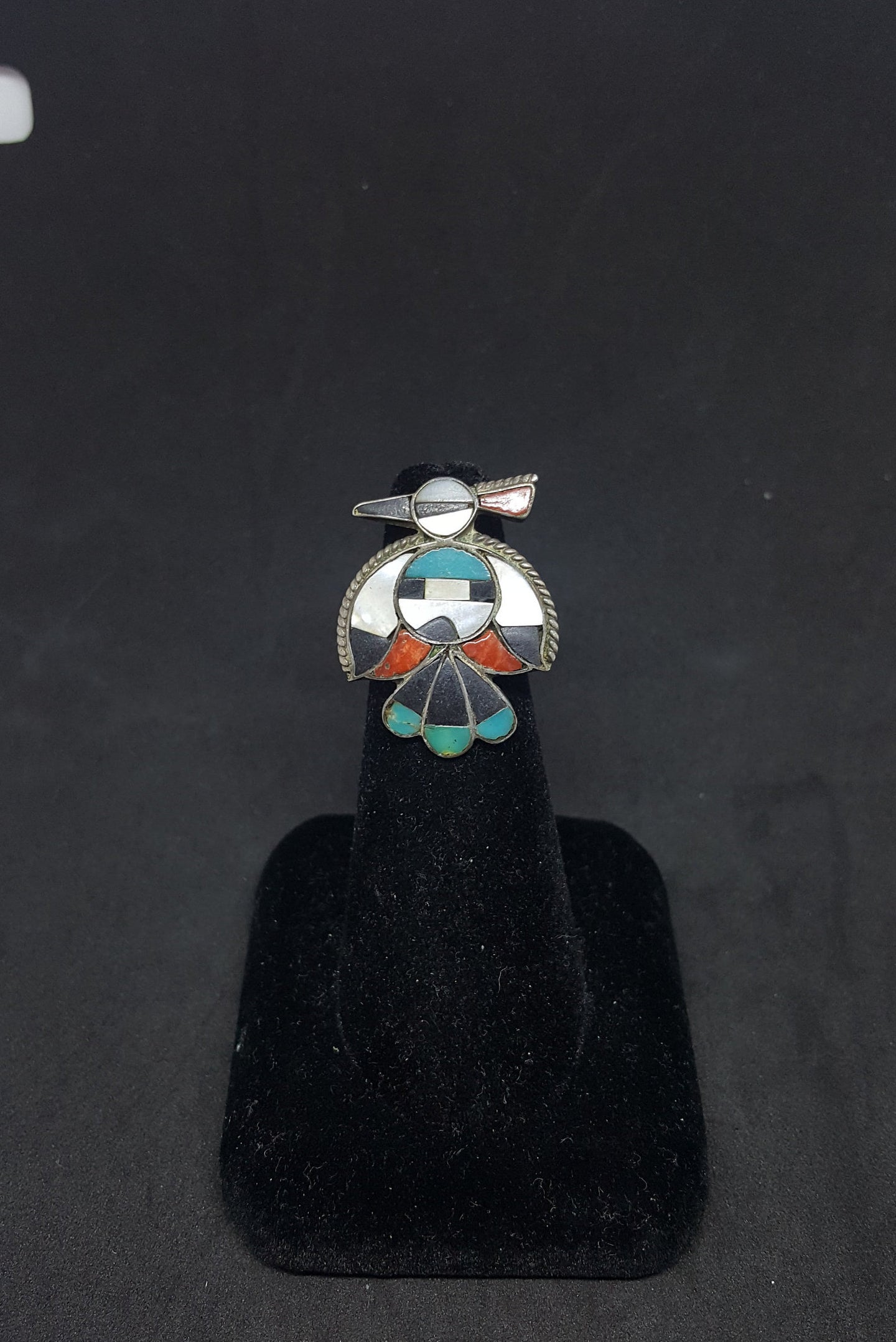 Vintage Navajo Zuni-bird Mother of Pearl Turquoise Coral Black Onyx sterling silver ring size 5 1/2