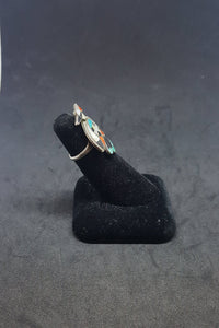 Vintage Navajo Zuni-bird Mother of Pearl Turquoise Coral Black Onyx sterling silver ring size 5 1/2
