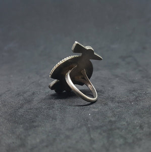 Vintage Navajo Zuni-bird Mother of Pearl Turquoise Coral Black Onyx sterling silver ring size 5 1/2