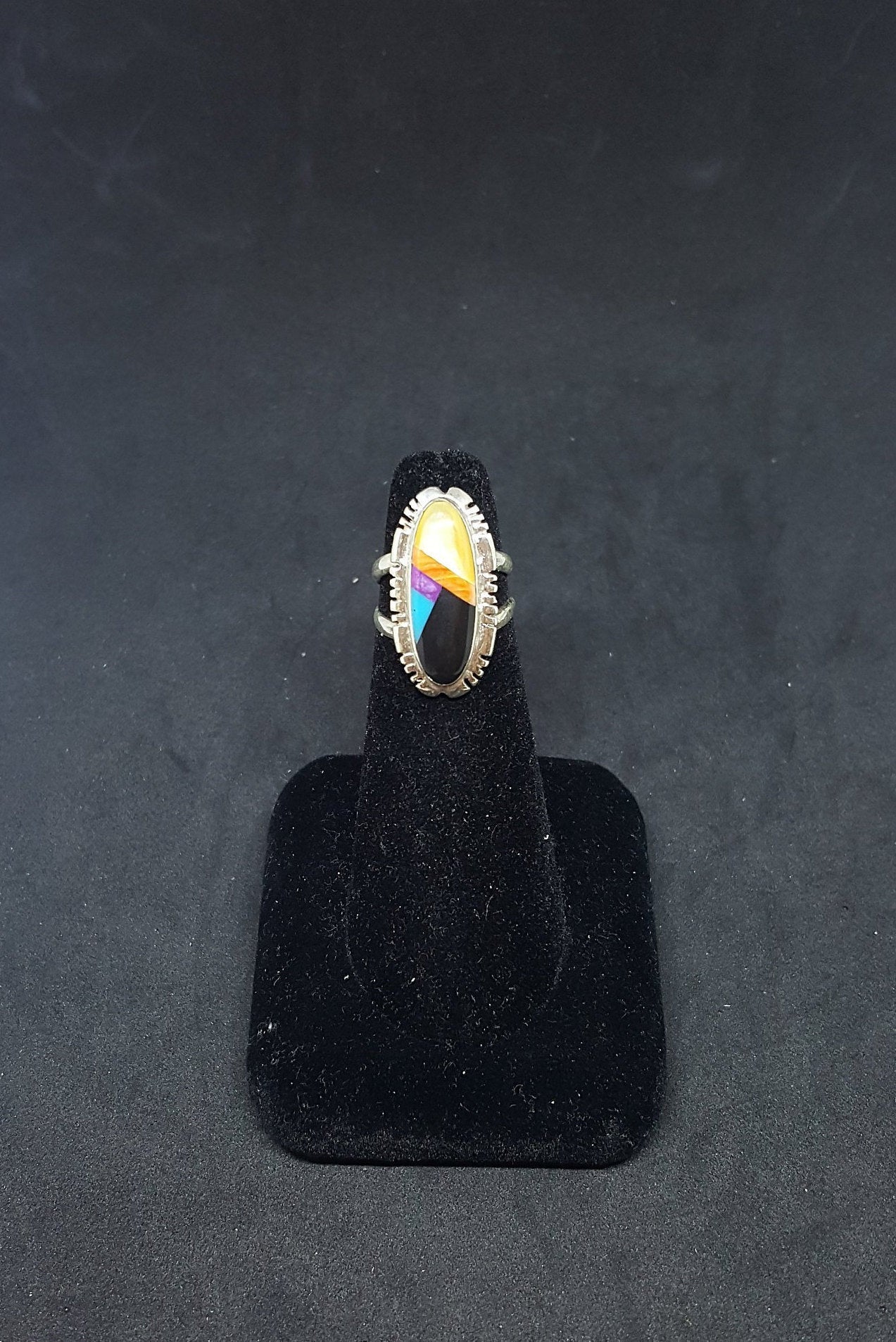 Vintage Navajo Royal color Mother of Pearl Spiny Oyster Turquoise Black Onyx sterling silver ring size 5