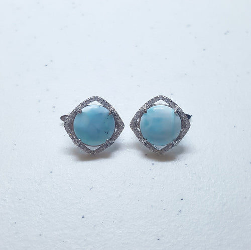 11 mm Round Blue Larimar with CZ diamond shape Royal style sterling silver earrings